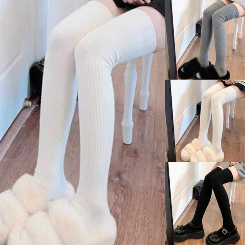 Solid Color Over The Knee Long Tube Boot Socks for Women Winter Thicken Ribbed Knit Tall Thigh High Stockings Leg Warmer