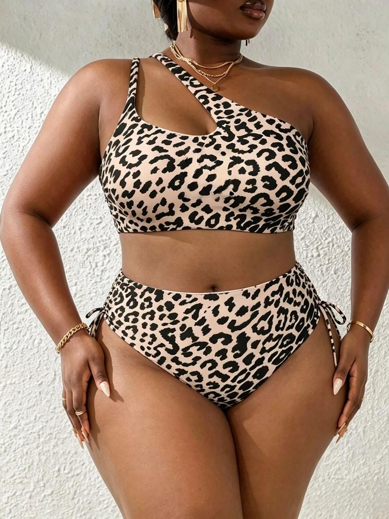 1011 European and American New Leopard Print Split Bikini Sexy Shoulder Waist Side Drawstring Large Size Women's Swimsuit Bikini
