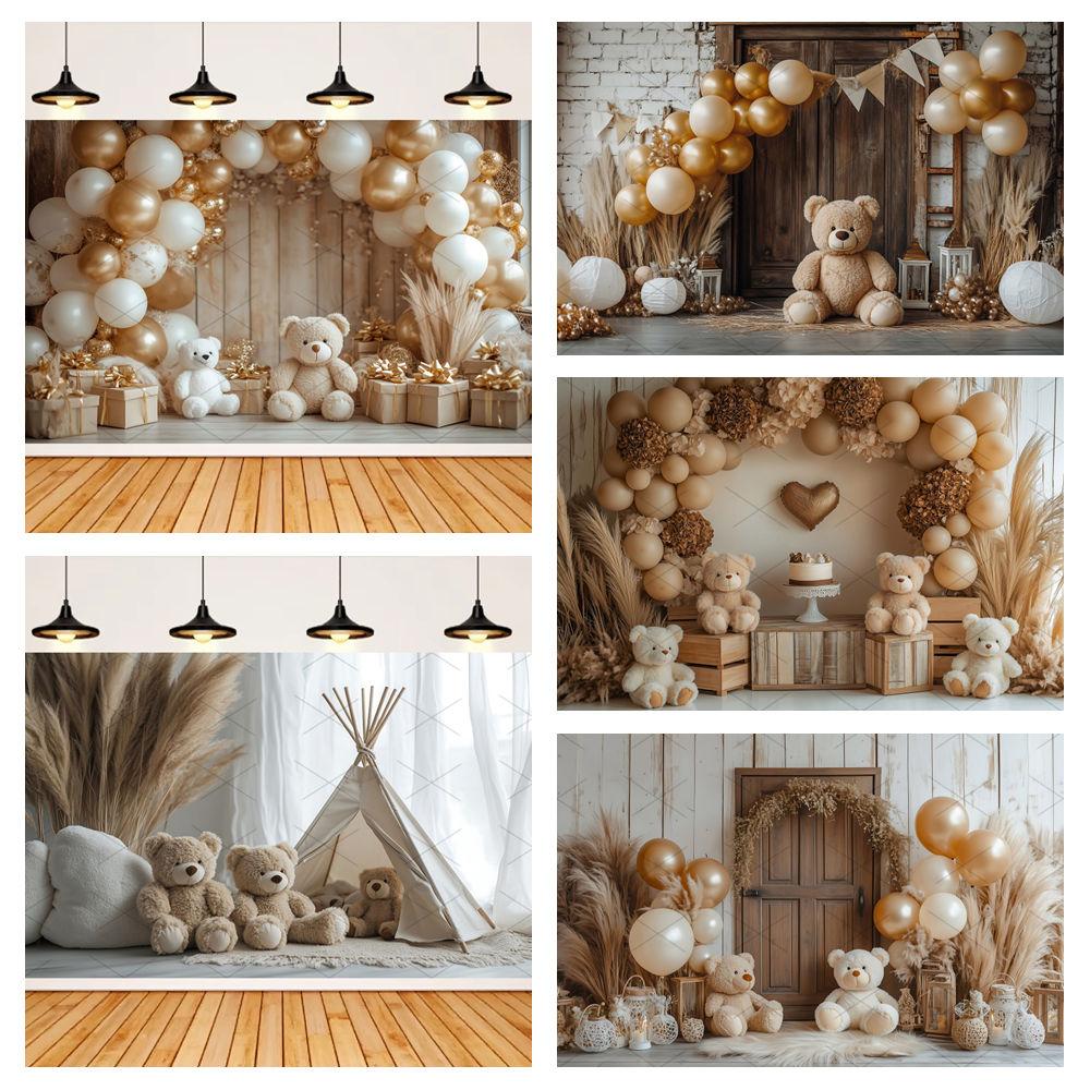 Boho Pampas Teddy Bear Photography Background Balloons Arch Tent Decor Cake Smash Baby 1st Birthday Indoor Photocall Backdrops