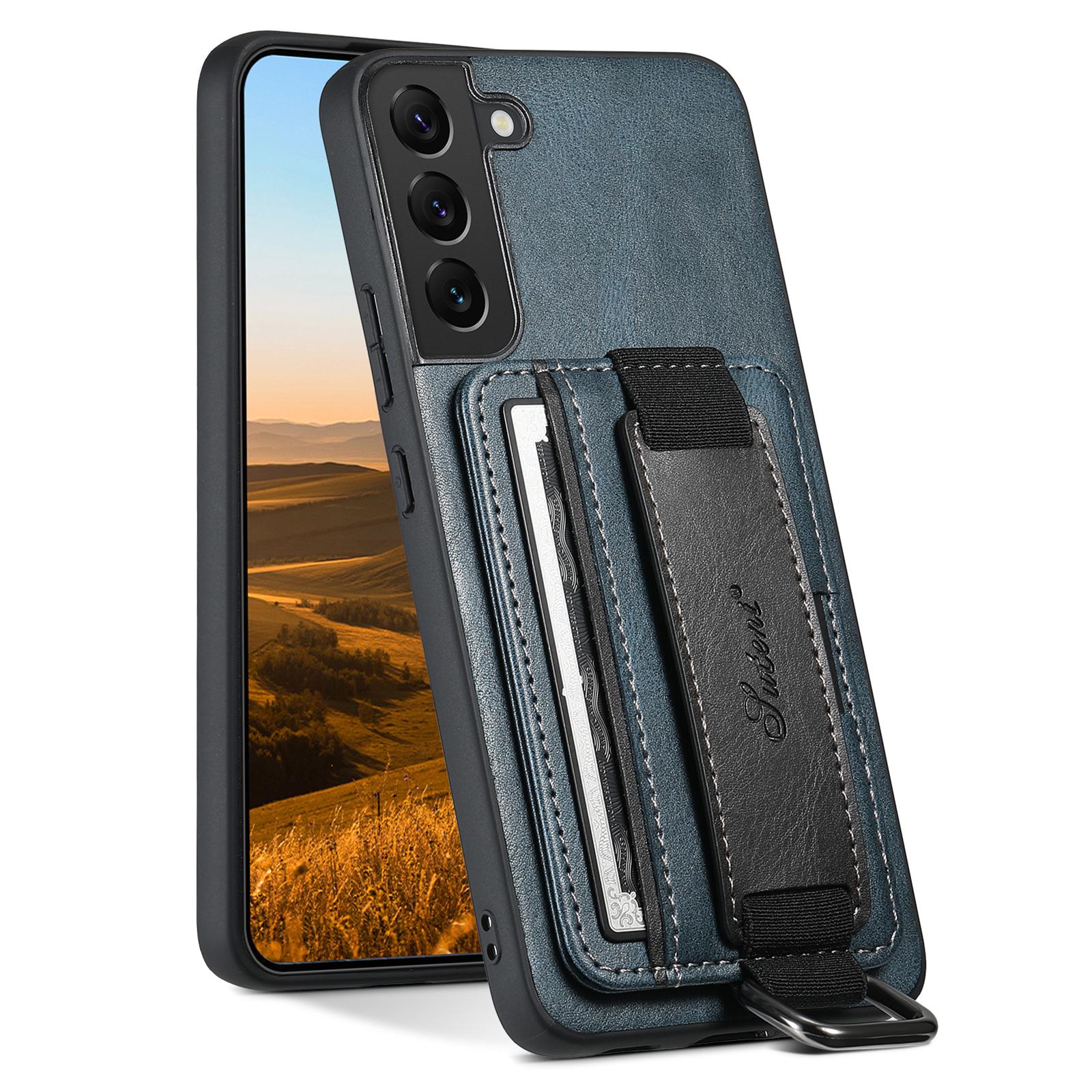 

SUTENI H13 For Samsung Galaxy S22 5G Card Holder Leather Coated PC+TPU Case with Hand Strap Kickstand Phone Cover Blue