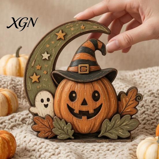 Retro Rustic Tiered Tray Decor Halloween Pumpkin Witch Cat Ghost Figurines with Crescent Base, Spooky Collectible Gift for Enthusiasts Wooden Tabletop