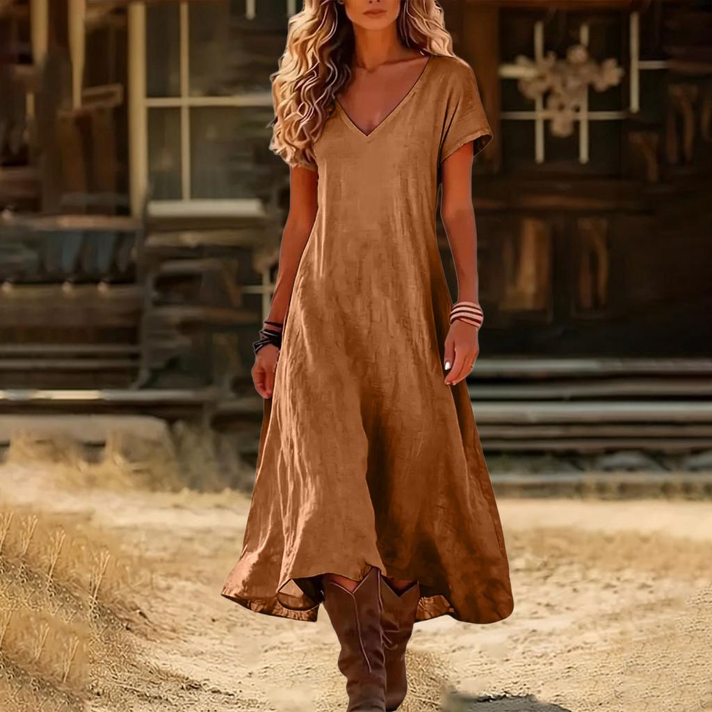 Fashion Women's Color V-neck Long Dress Loose