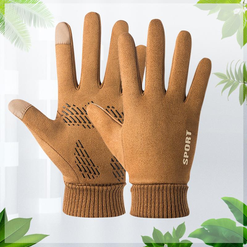 Warm Gloves Suede Plus Velvet Outdoor Riding Driving Anti Slip Two Finger Half Finger Touch Screen Autumn and Winter Gloves