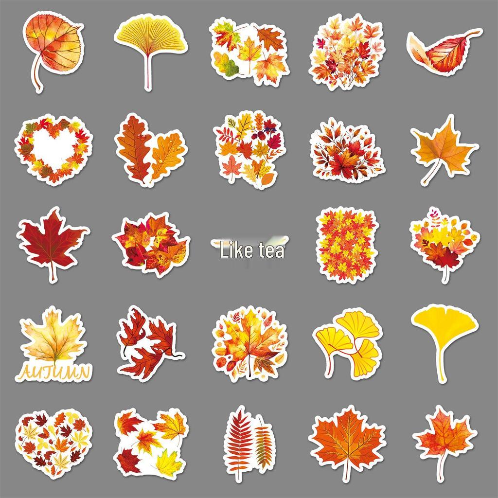 50pcs Autumn Yellow Tree Leaves Waterproof Decorative Stickers for Computer and Luggage