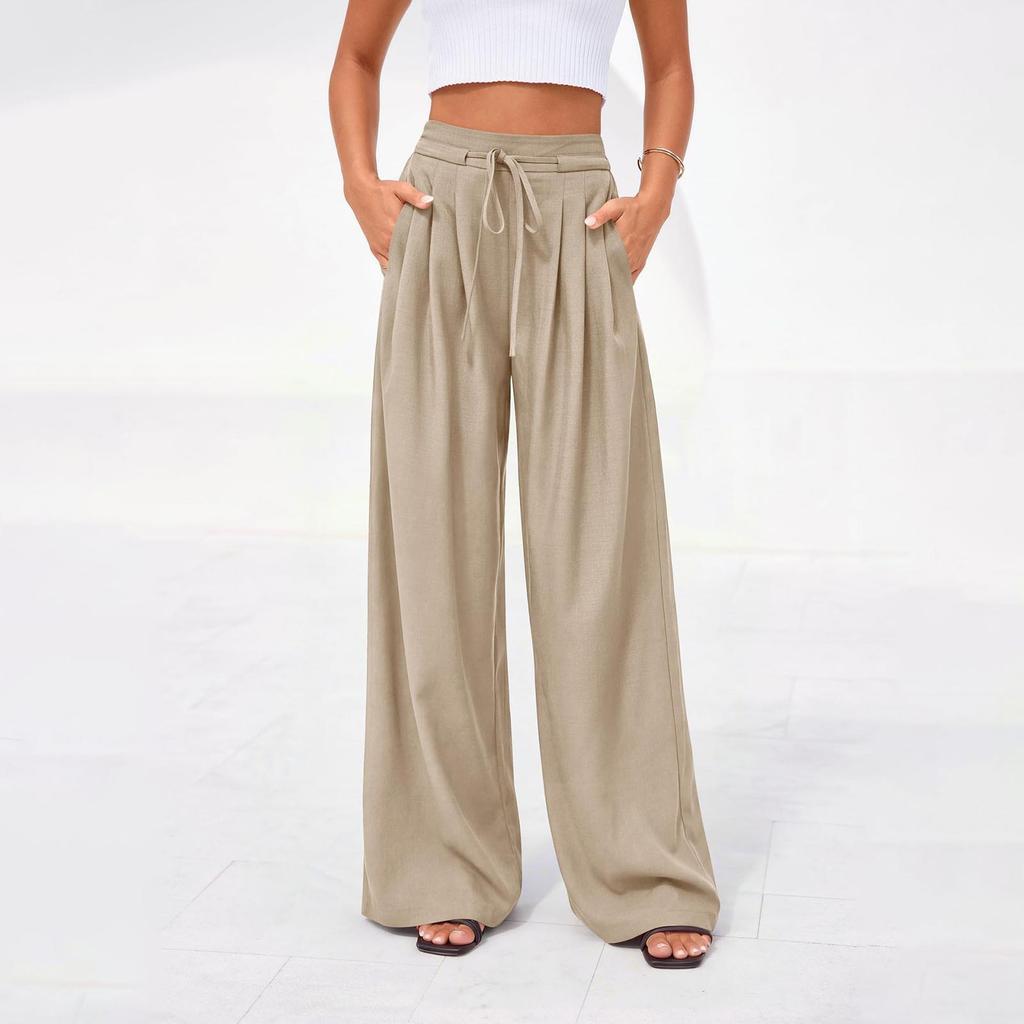 Women's Casual Pleated Wide Leg Pants with Pockets Elastic Waist Drawstring Loose Fit Trousers for Daily Wear