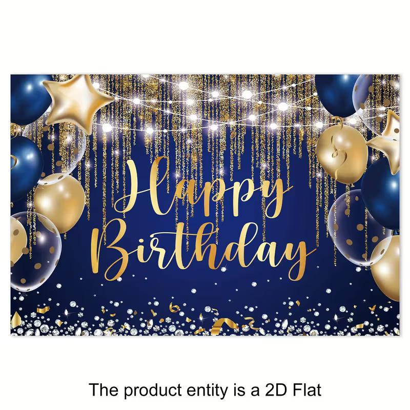 2D Printing Luxury Navy Blue Birthday Tapestry, Gold Glitter Party Wall Decor