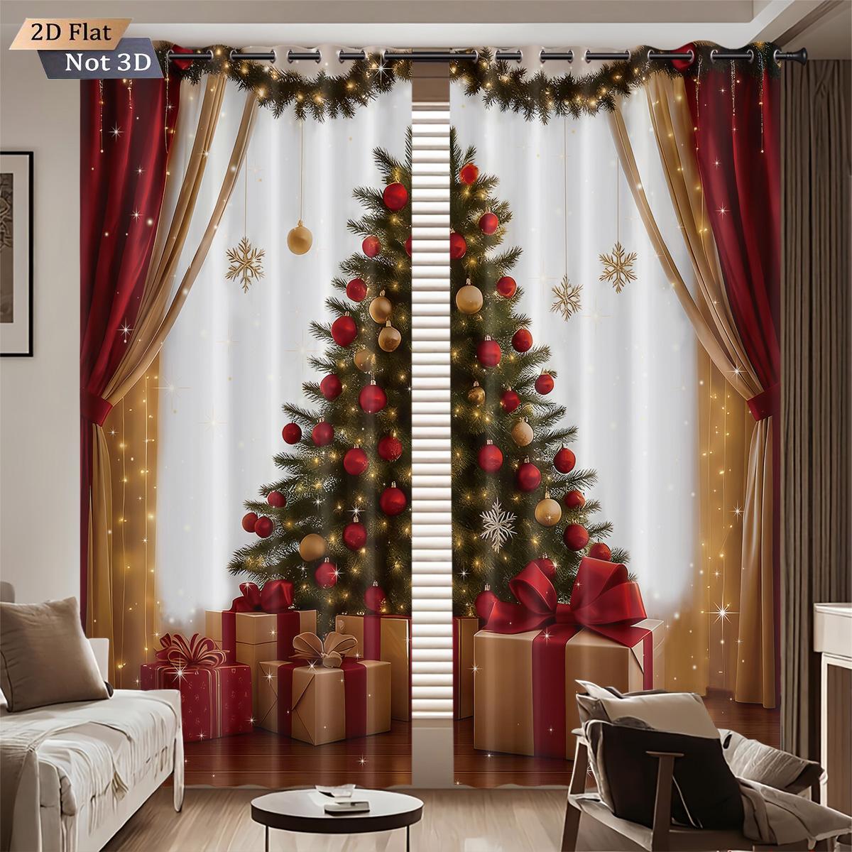 2pc Merry Christmas beautiful Christmas tree print perforated blackout curtains multi size living room insulation decoration 100*130 Grommet Top 1pcs