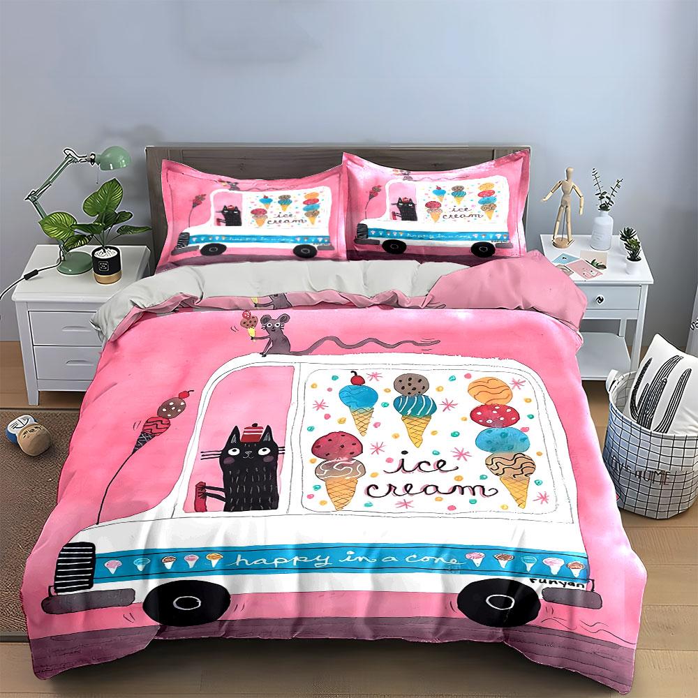 Ice Cream Truck with Cat Print Bedding Duvet Cover Set Duvet Cover Pillowcases (1*Duvet Cover 2*Pillowcases, Without Duvet Insert)