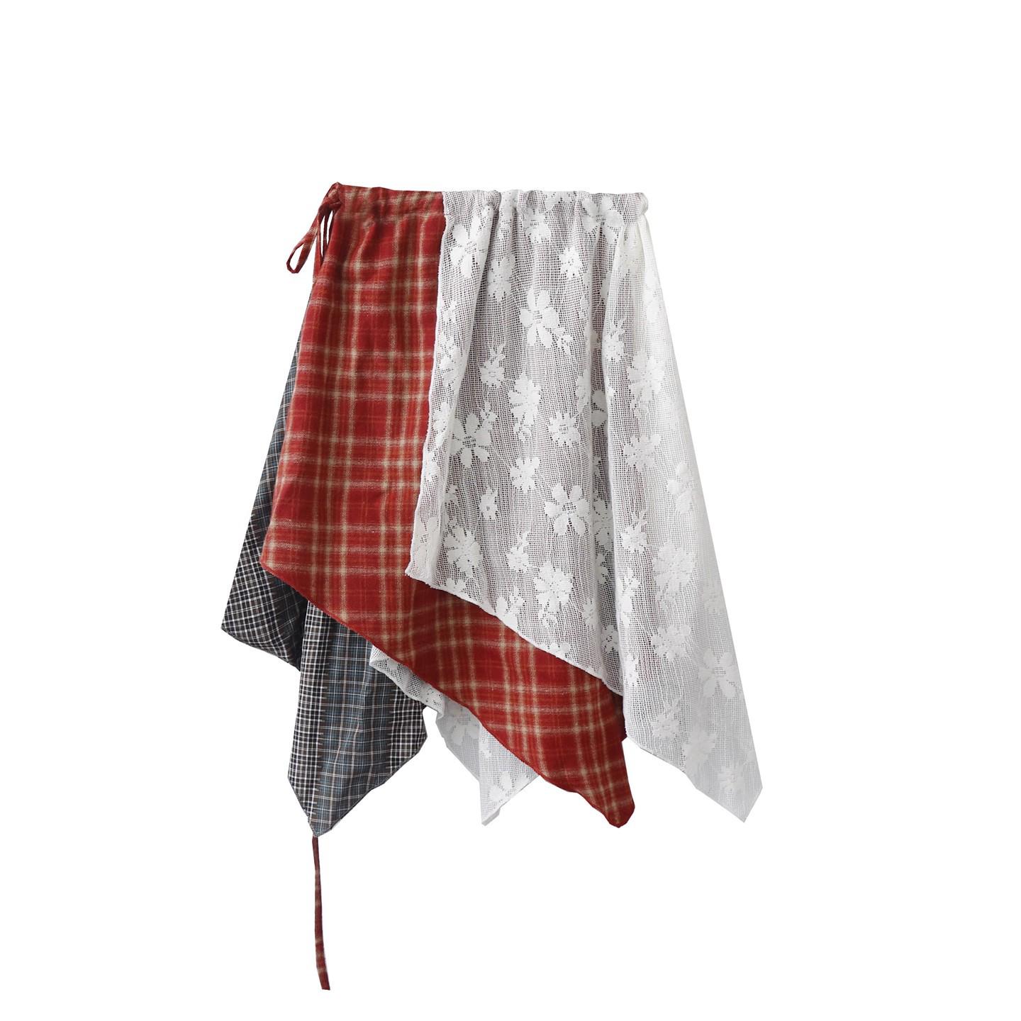 

Artistic Christmas Red Plaid Skirt Curtain with Irregular Lace-Up Layered Design One Size