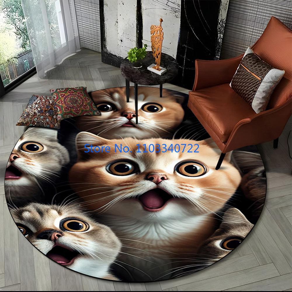 Cute Calico Cat Persian Cat Ragdoll Rug Round Carpet 120cm Crawling Game Non-slip Floor Mat for Kids Bedroom Living Room Decor