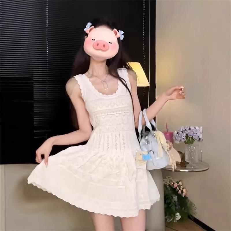 

Women s White French Knit Sleeveless Camisole Dress - Summer Slimming Fit with Cinched Waist and Mini Skirt. One Size білий