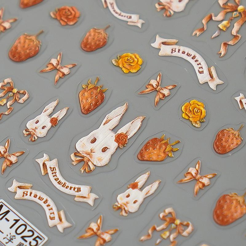 Lovely Strawberry Rabbit Nail Art Sticker Cartoon 3D Embossed Self Adhesive Nail Art Decoration Stickers 3D Manicure Decal Salon