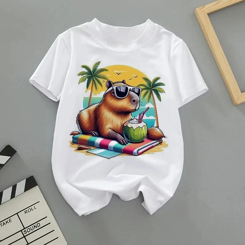 Summer Cute Capybara Print Children T-shirt Short-sleeved Fashion Boys and Girls Round-neck Baby Kid Tshirt Trend