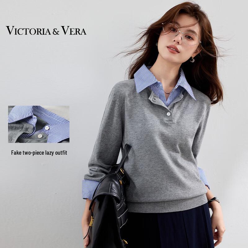 VICTORIA&VERA Women s Faux Two-Piece Striped Knit Top M