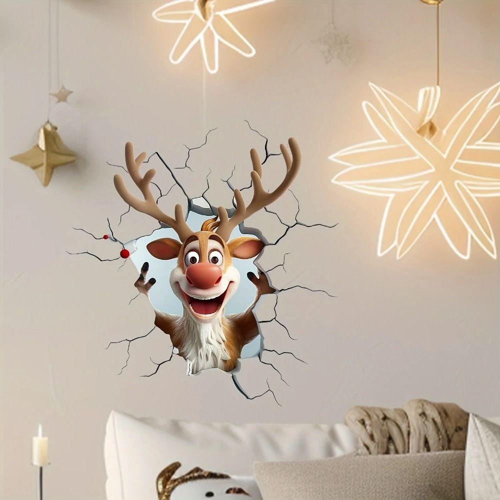 3D Christmas Wall Stickers Cartoon Santa Claus Break-Through Wall Decal Vinyl Removable Holiday Decoration Home Living Spaces