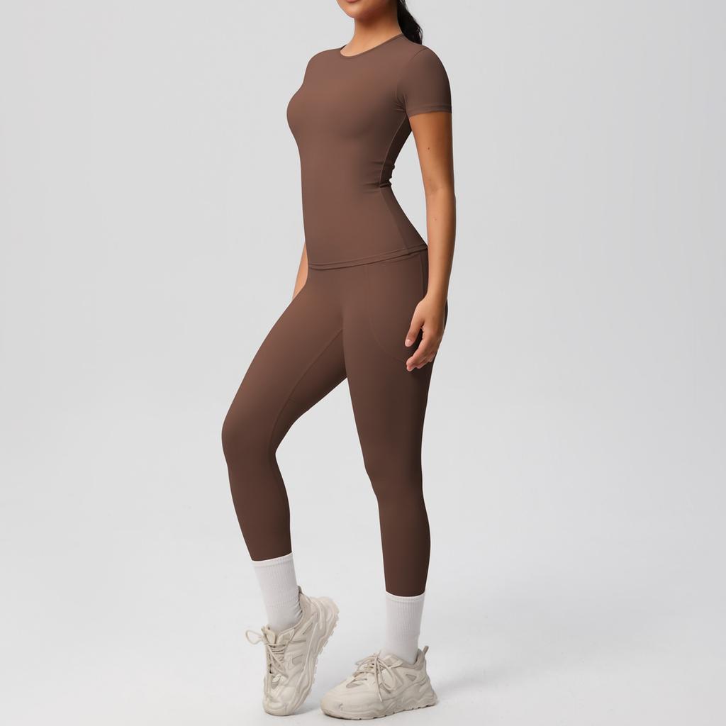 Solid Color Double-sided Brushed Breathable High Elasticity Tight Yoga Suit Set, Sports Running Fitness Two-piece Set