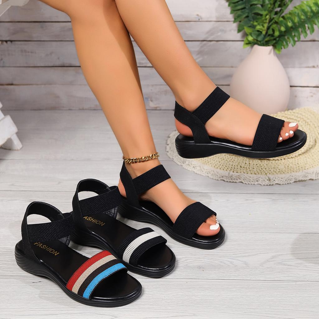 Foreign Trade Large Size Sandals Women's 2025 Summer New Elastic Back Strap Fly Woven Mesh Fish Mouth Casual Flat Sandals