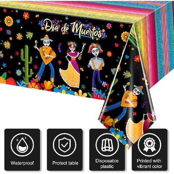 3 Pieces Day of The Dead Tablecloth Dia De Los Muertos Table Cover Halloween Sugar Skull Floral Table Cover Mexican Fiesta Plastic Tablecloth for
