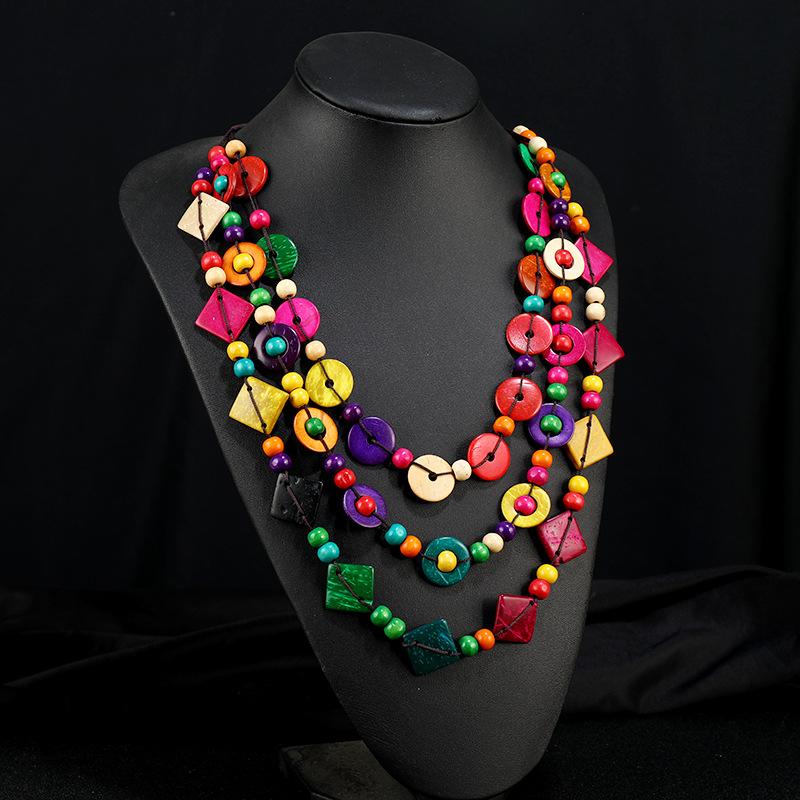Vintage Bohemian Coconut Shell Wood Necklace Woven Long Multilayer Colored Women's Sweater Chain Vacation Accessories