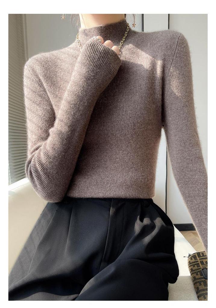 Korean Style Slim Fit Ribbed Knit Sweater - Women's Long Sleeve Half High Collar