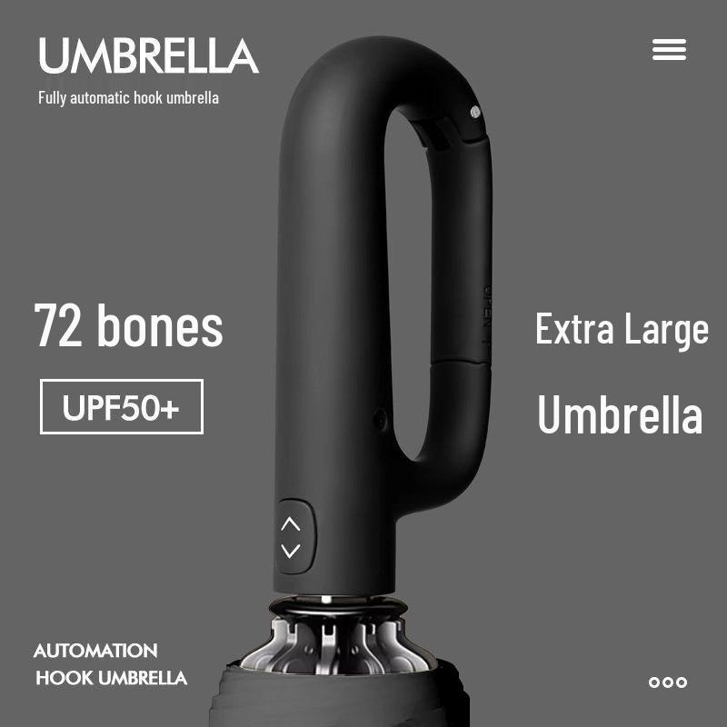 72-Rib Automatic Ring Buckle Umbrella: Portable, Reinforced, Dual-Use for Sun & Rain, Folding Hook Design for Men & Women