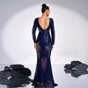 Elegant Long-Sleeve Sequin Evening Dress with Round Neck for Bridesmaids
