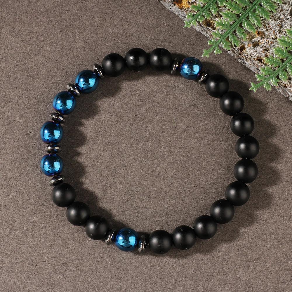 Natural Stone Blue Hematite Round Bracelet Men Fashion Jewelry Unisex Handmade Stretch Beaded Bracelet Attracting Money accessories