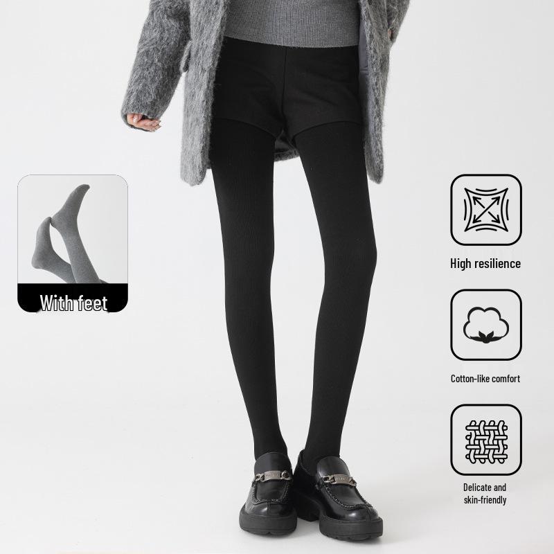 Korean-Style Fleece-Lined Cotton Leggings with Tummy Control and Long Socks for Women, Perfect for Autumn and Winter