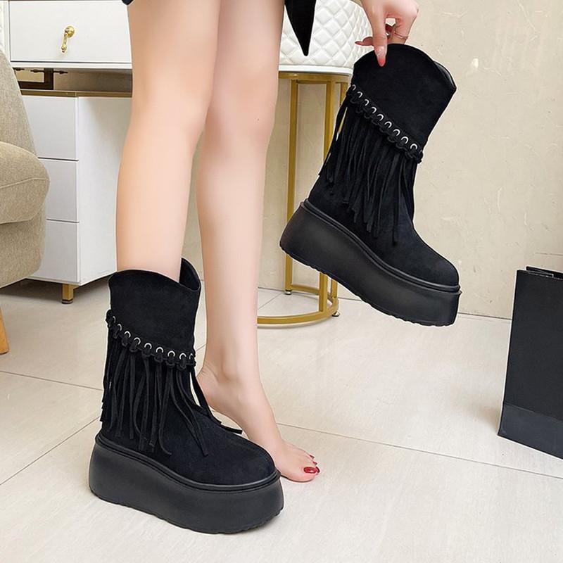 Stivali Donna Rialzanti con Plateau Stivali di Qualità in Scamosciato Stivali Casual Design alla Moda con Frange Stivale Stivale da Motociclista Botas Mujer