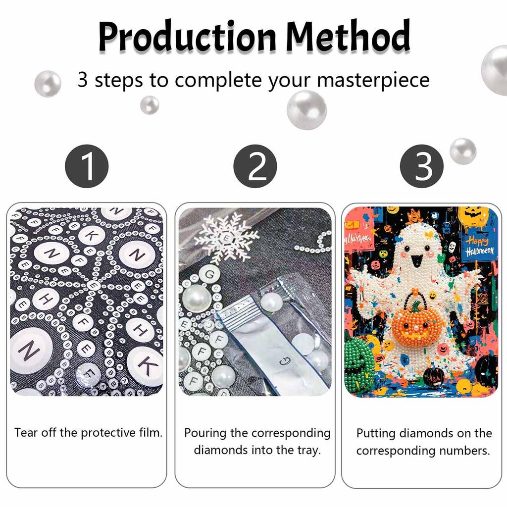 Halloween Pearl Painting Set Cute Ghost Pumpkin 5D DIY Pearl Art Home Bedroom Wall Decor Craft Handmade Gift Art Supplies Hobby Kit