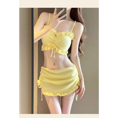 Sexy Korean Fashion Ribbed Halter Bikinis Sets Three Pieces Drawstring Tie Swimsuit with Mini Skirt Padded Swimwear Biquini