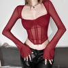 Women's Black Mesh Long Sleeve Corset Top, Square Neck Sheer Boned Crop Top for Streetwear & Party
