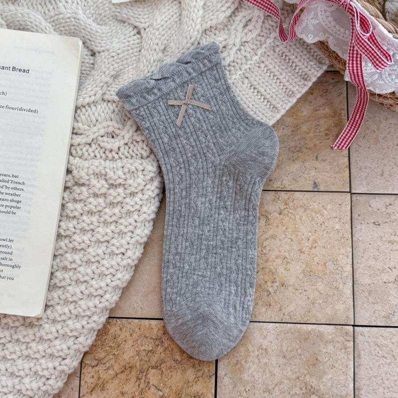 Autumn Sweetly Piled Stockings - Embroidered Butterfly Knots, Combed Cotton Mid-Calf Stockings, Ballet Style, Lolita Style