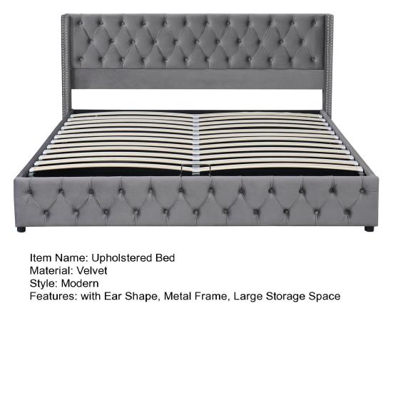 Multifunctional Double Bed Upholstered with Ear Shape, Row of Rivets, Flannel, Button Stitching at Head And Foot Ends, 180x200cm Hydraulic Functional