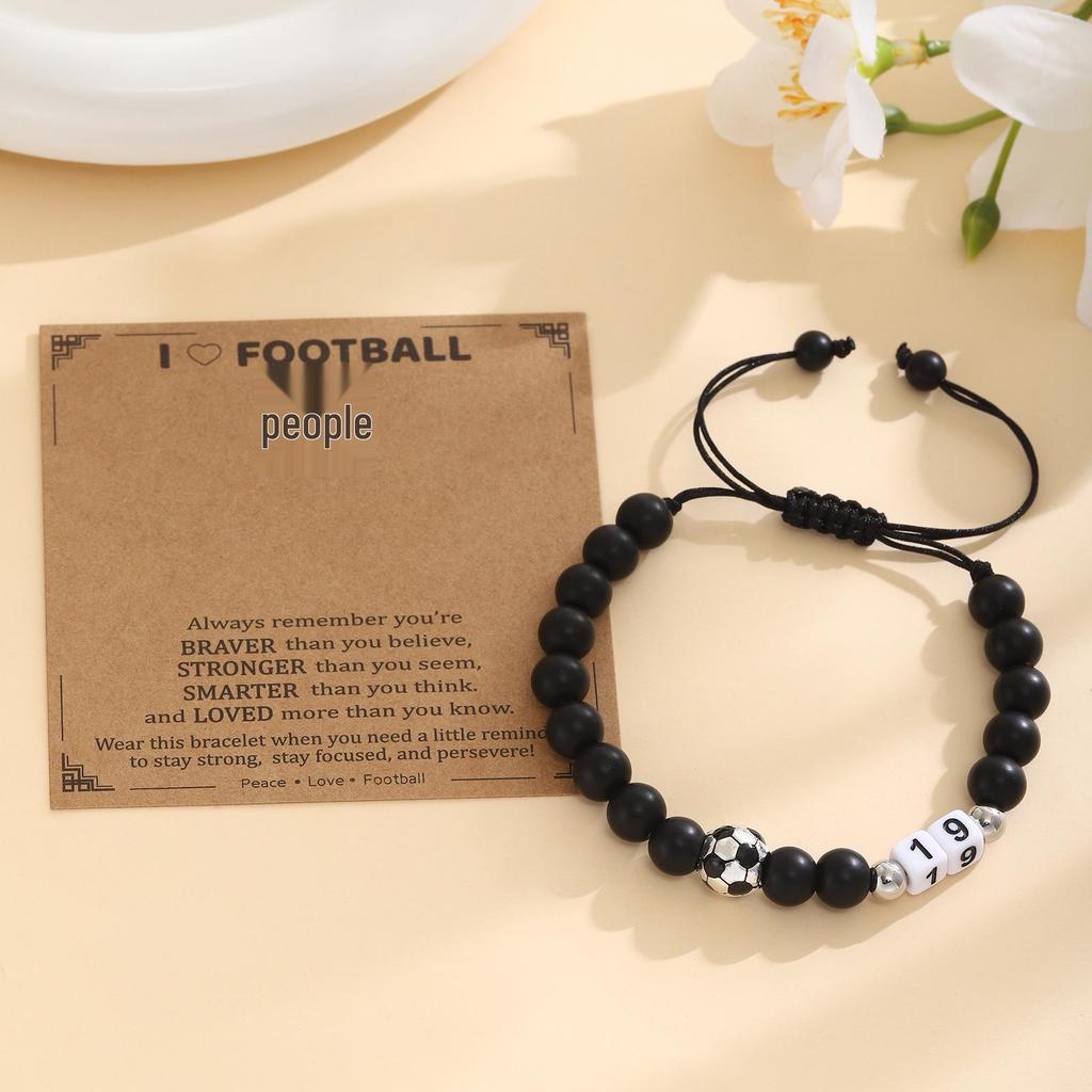 Men's Adjustable Black Matte Stone Beaded Bracelet - Football Number Birthday Gift