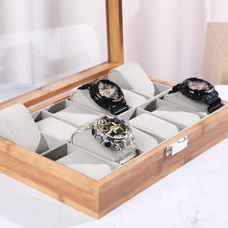 Luxury Bamboo Grain Watch and Jewelry Storage Display Box with Glass Lid