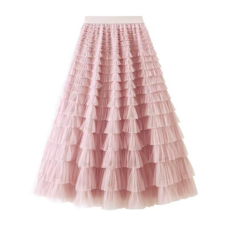 Cake Mesh Patchwork Skirt for Women Elastic High Waist Elegant Stylish Long Skirt Madam's Breathable Lightweight Loose Skirt Work Vacation Party Skirt