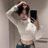 Women's Long Sleeve Polo Collar Cropped Blouse Flare Cuff Button Solid Slim Fit Pure Desire Casual Top