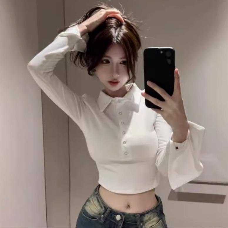 Women's Long Sleeve Polo Collar Cropped Blouse Flare Cuff Button Solid Slim Fit Pure Desire Casual Top