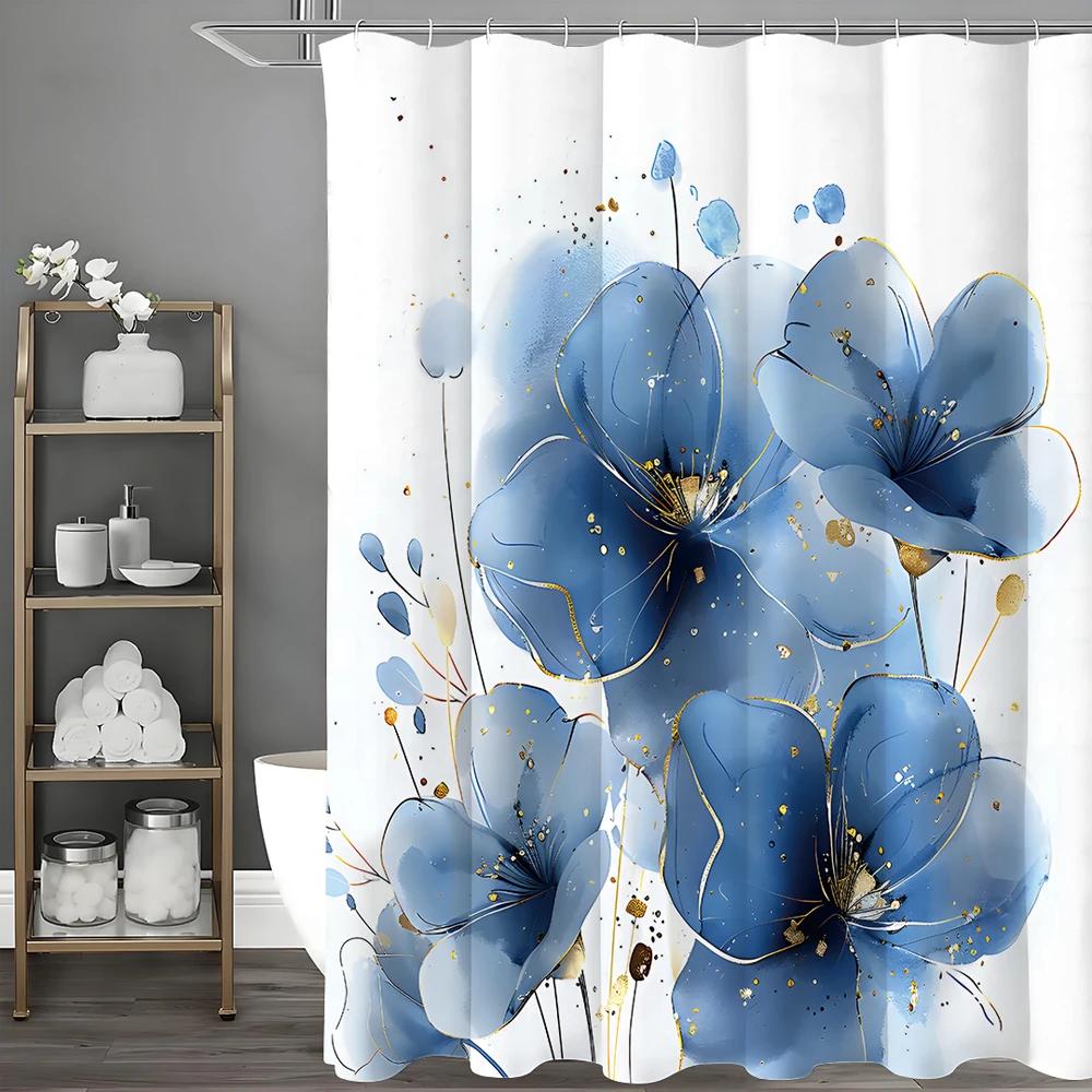 Blue Watercolor Floral Shower Curtain, Bathroom Decorative Shower Curtain, Waterproof Shower Curtain With Hooks W60H190(CM)-1 Pcs