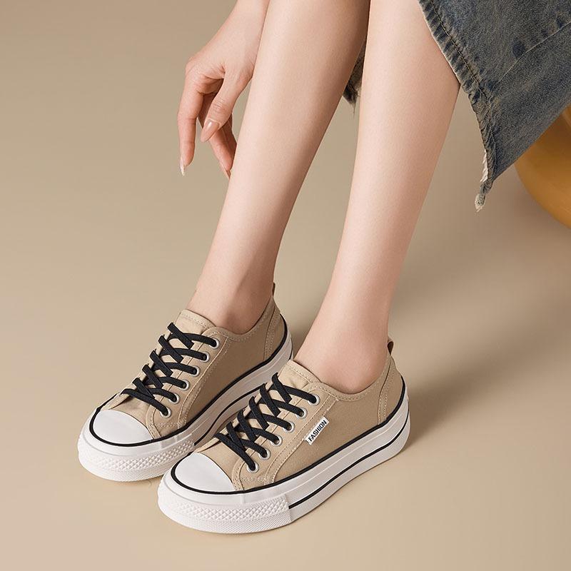 Summer canvas shoes new women's one-pedal round head lace-up non-slip thick-soled casual board shoes