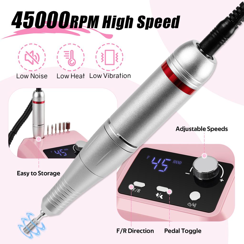 45000RPM Nail Drill Machine With Low Vibration Professional Nail Milling Machine With Pause Mode Manicure Set For Salon Home Use