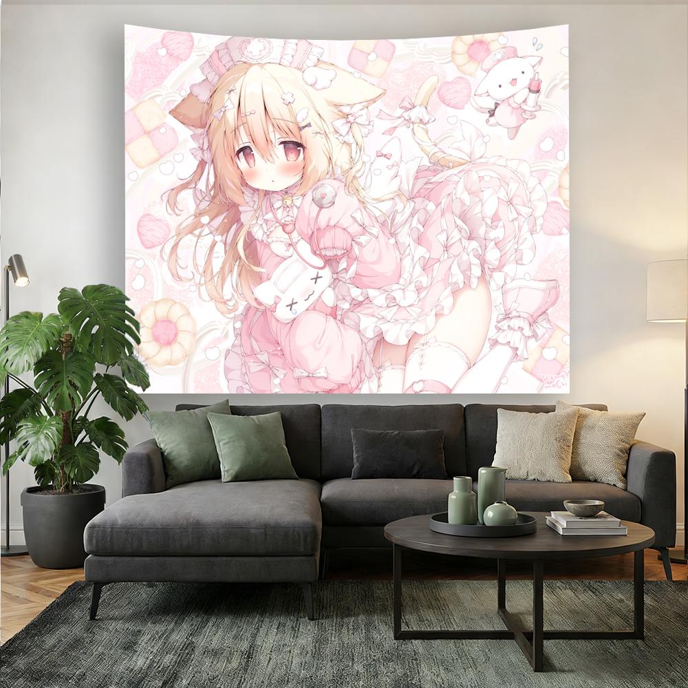 Cute Pink Theme Tapestry Wall Hanging for Bedroom Dorm 2D Anime Character Home Decor