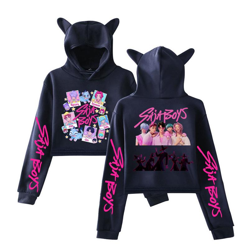 

Аниме K-Pop Охотники на демонов Saja Boys Укороченные топы Толстовка с кошачьими ушками С длинным рукавом Модная толстовка для девочек XS темно-синий