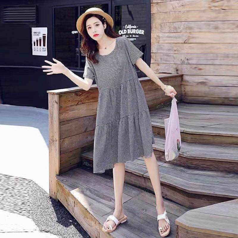 Maternity Clothing Summer New Medium and Long Two-color Round Neck Plaid Skirt Loose and Thin Belly-covering A-word Dress