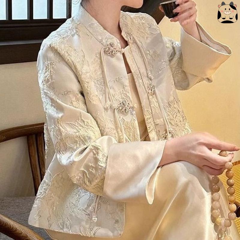 Plus Size Women's Luxury Tang Suit: Satin Frog Button Jacket & Skirt Set