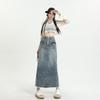 2023 Spring Women's Retro Denim Frayed High Waist A-Line Midi Skirt