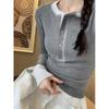 Korean Series Contrast Color Knit T-shirt Women Autumn 2024 New Long Sleeve Inner Wear Slim Fit Short Round Neck Base Top