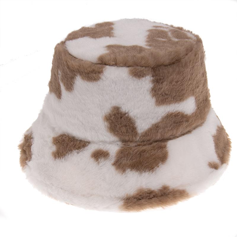 Chi Internet Celebrity Black and White Cow Pattern Bucket Hat Autumn and Winter Plush Warm Shopping Versatile Ins Basin Hat