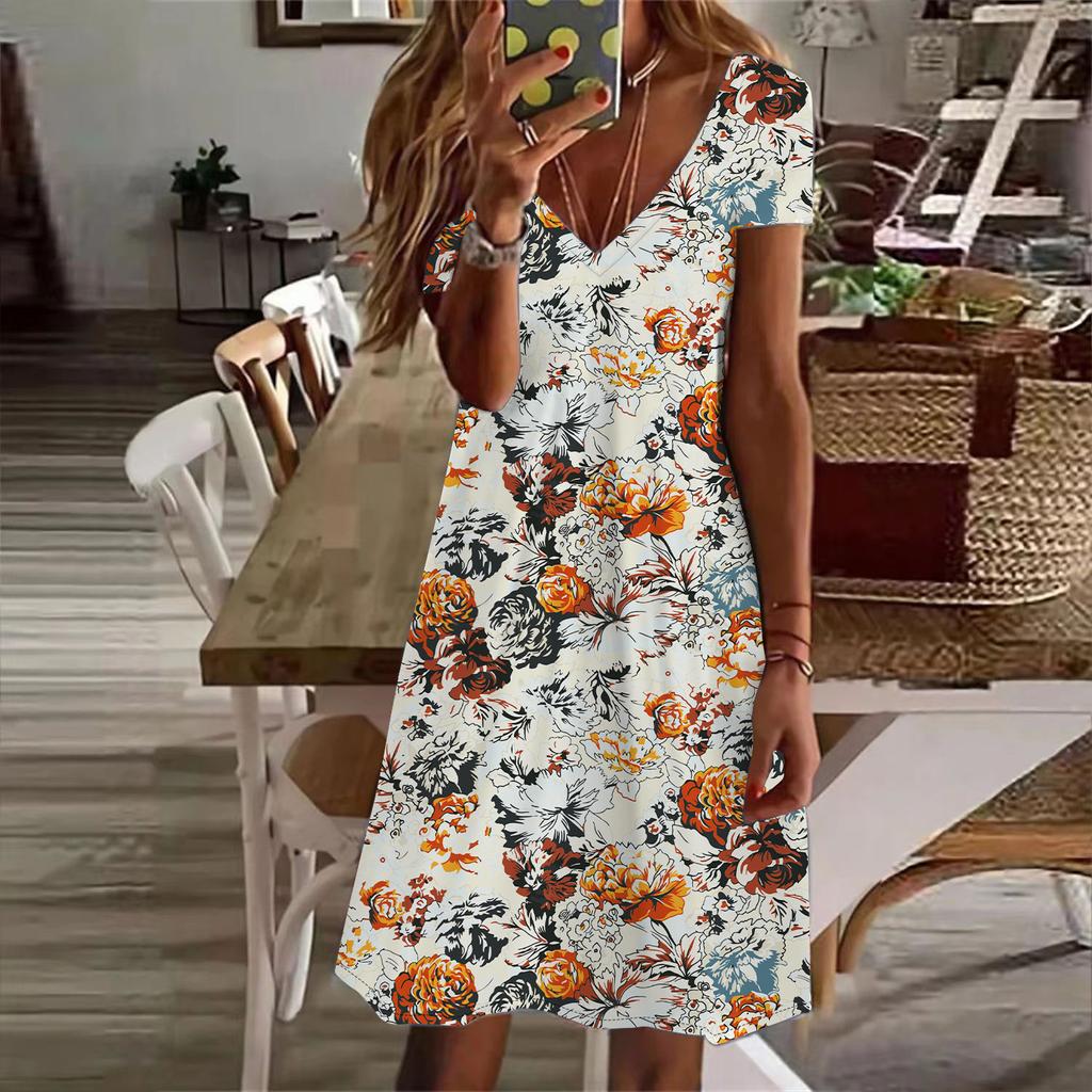 Letní móda dámské šaty s krátkým rukávem a výstřihem do V s květinovým potiskem Sex Krátká sukně